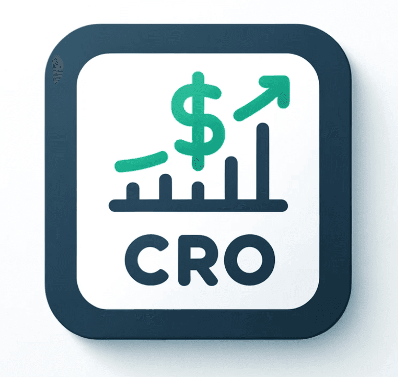 CRO icon with a dollar sign, bar chart, and upward arrow indicating growth.