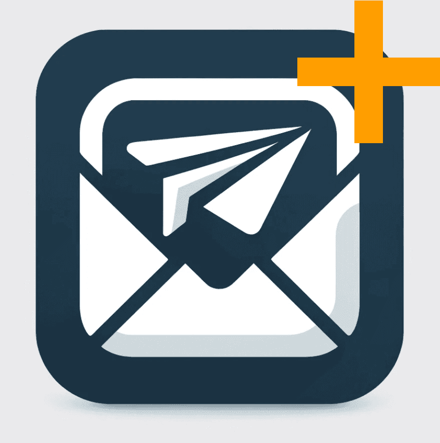 Email icon with a folded paper plane and an orange plus sign on the top right corner.