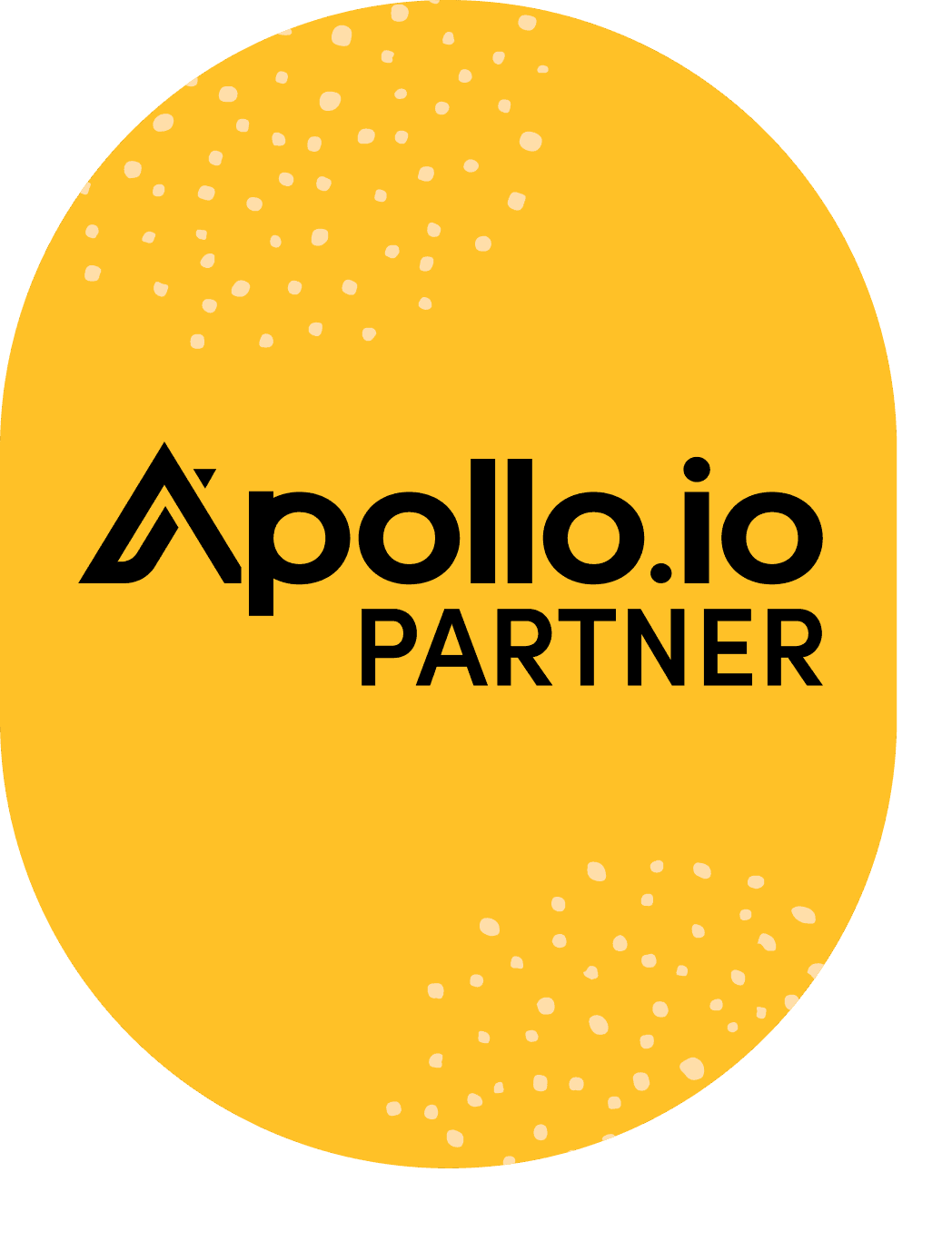 Apollo.io Partner badge on a yellow background with scattered white dots.