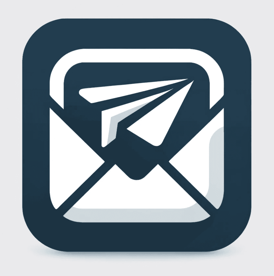 Icon of an envelope containing a paper airplane on a dark square background.