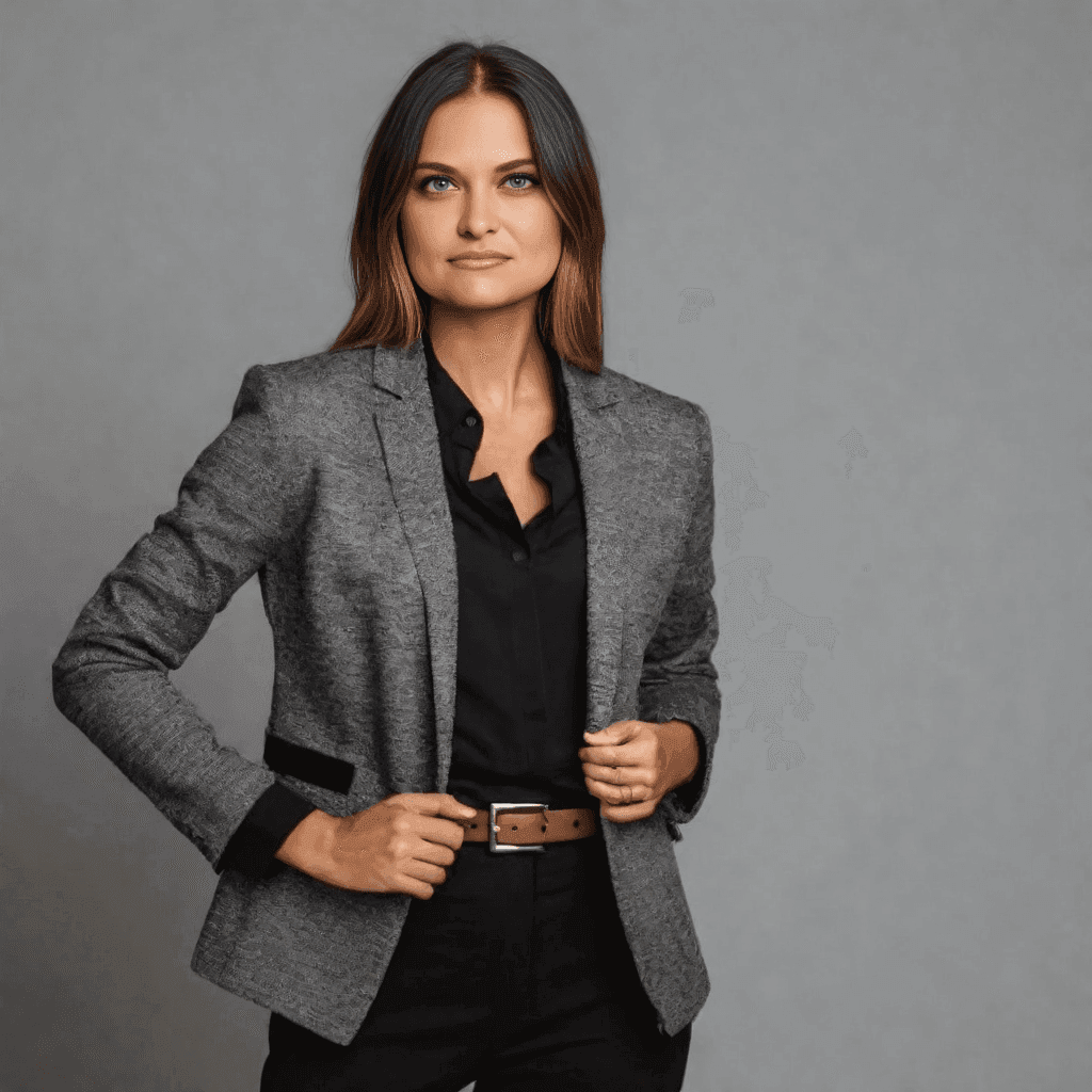 Confident woman in a gray blazer and black shirt posing against a neutral background.