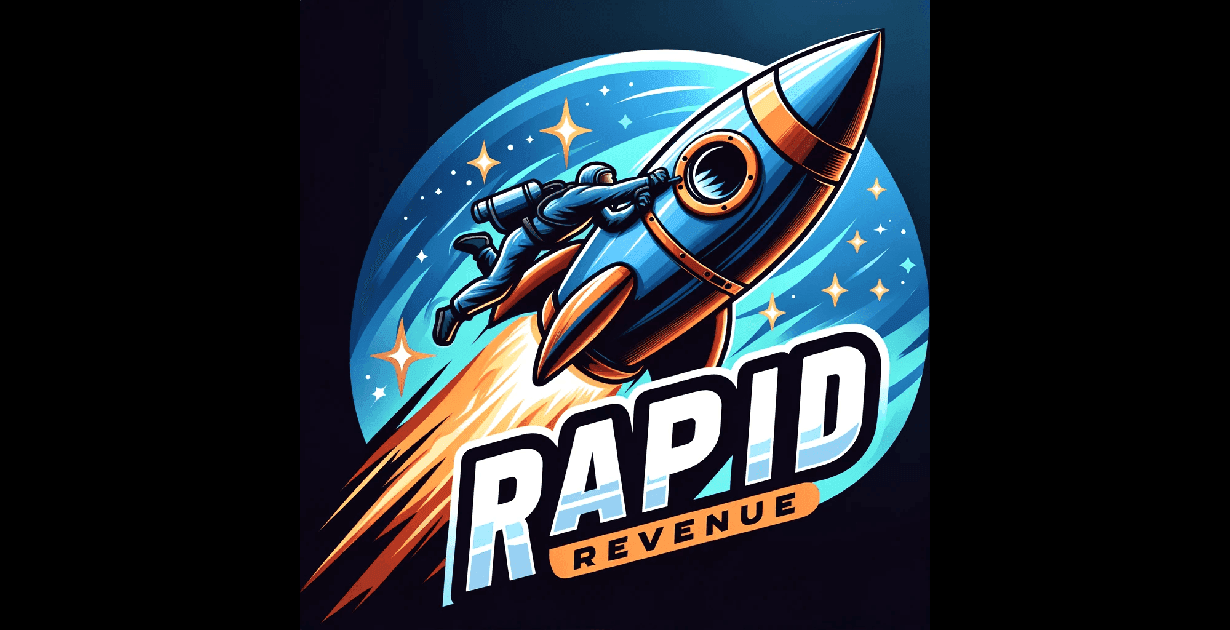 Illustration of an astronaut holding onto a rocket with the words 'Rapid Revenue' below.